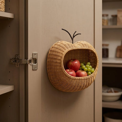 Apple-shaped rattan wall basket mounted on a pantry door, holding apples and grapes