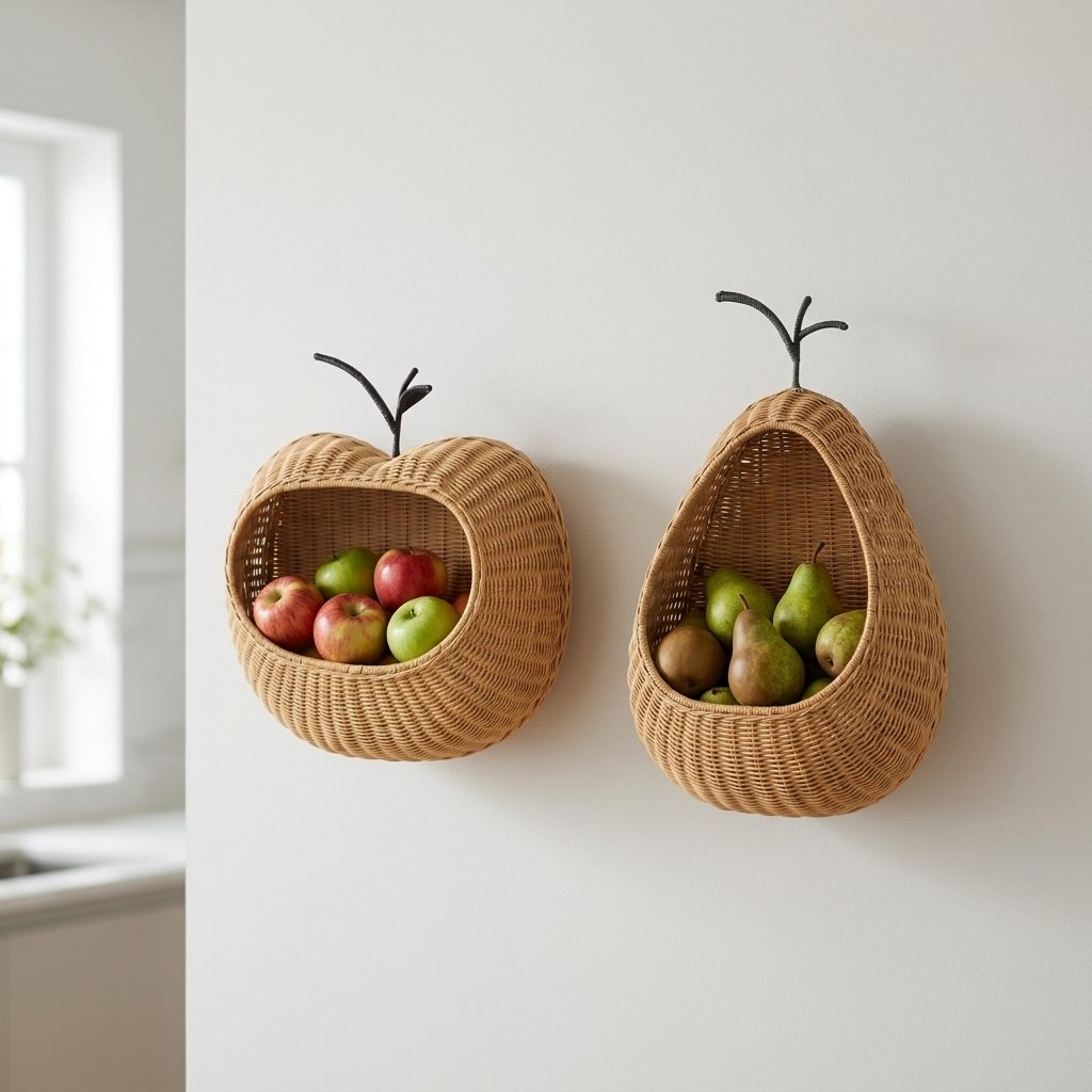 Apple-shaped and pear-shaped wall-mounted rattan fruit baskets side by side on a wall, holding apples and pears