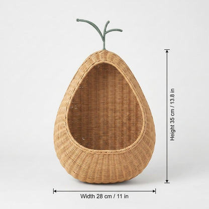 Pear-shaped rattan wall basket with labeled dimensions: height 13.8" (35cm), width 11" (28cm)