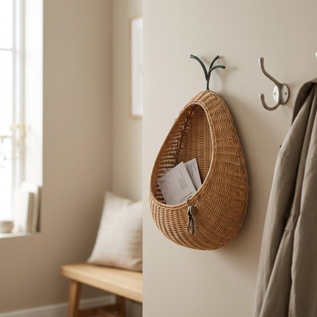 Pear-shaped rattan wall basket mounted in an entryway holding mail and keys, next to coat hooks
