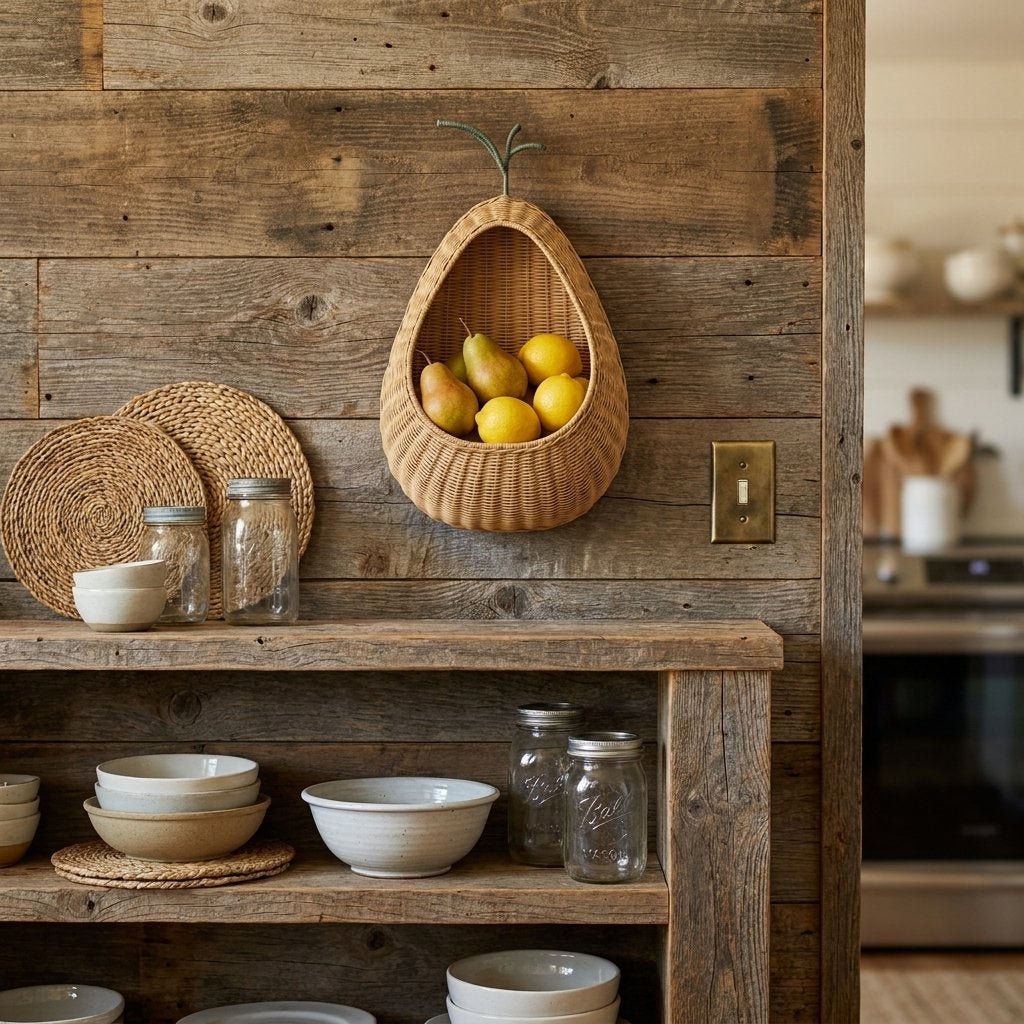 Pear-shaped rattan wall basket mounted above a rustic wood shelf, holding pears and lemons next to mason jars and stoneware bowls