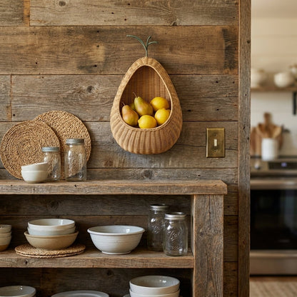 Pear-shaped rattan wall basket mounted above a rustic wood shelf, holding pears and lemons next to mason jars and stoneware bowls