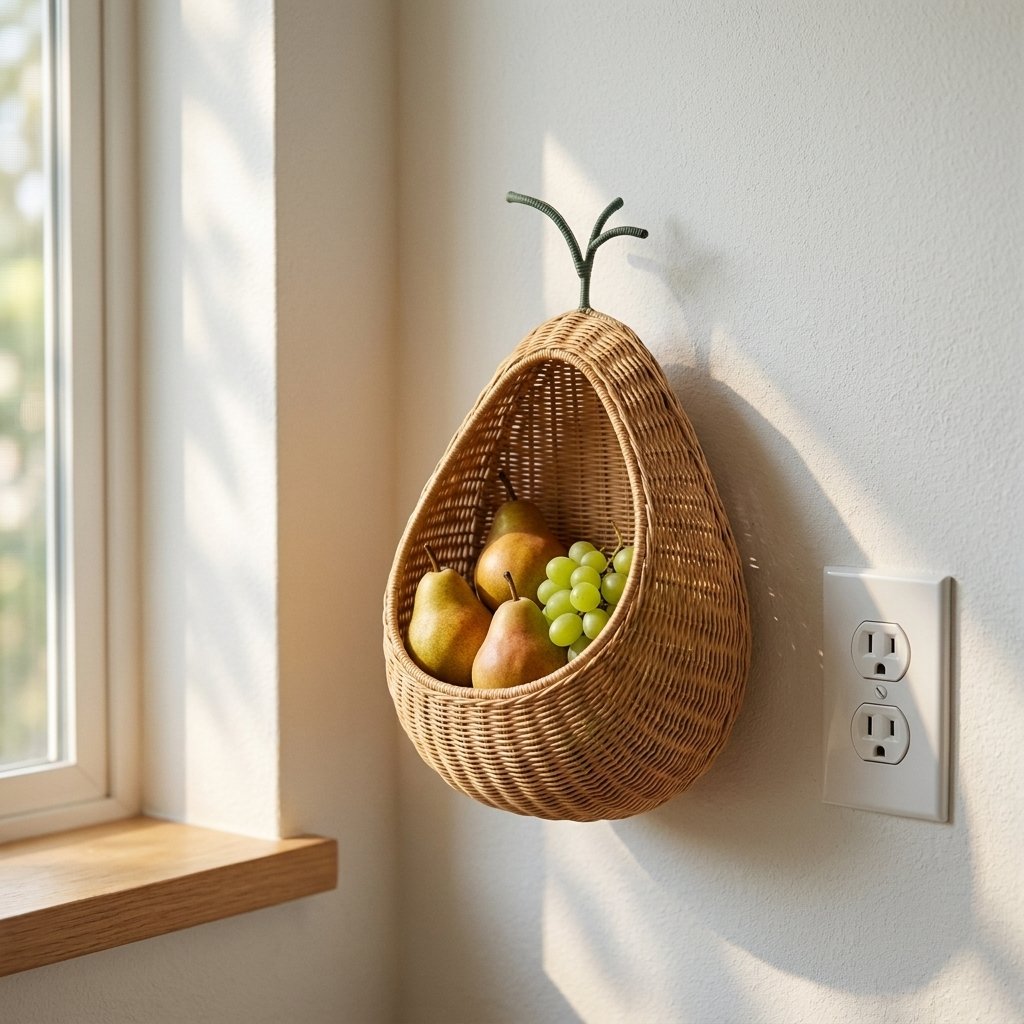 Pear-shaped rattan wall basket mounted near a sunlit window, holding pears and grapes