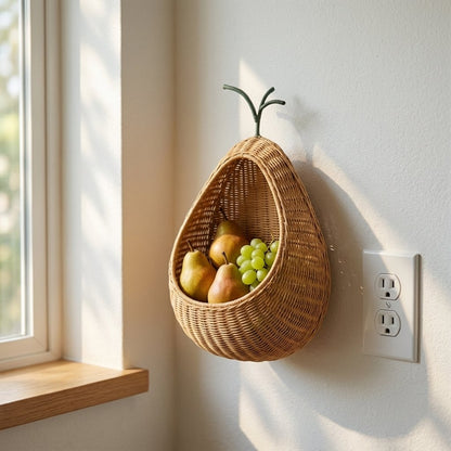 Pear-shaped rattan wall basket mounted near a sunlit window, holding pears and grapes