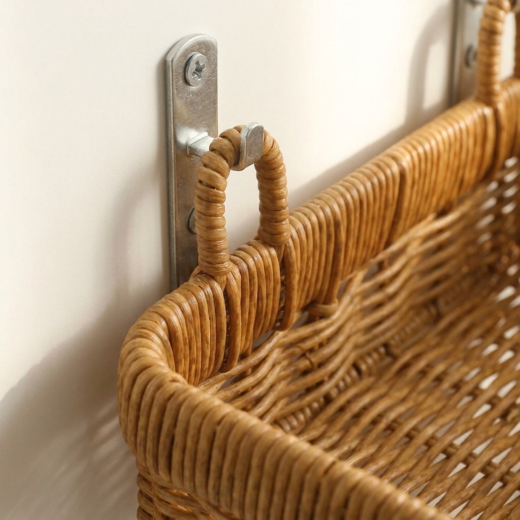 Close-up of the mounting bracket on the wall-mounted woven basket, Kiyo Home