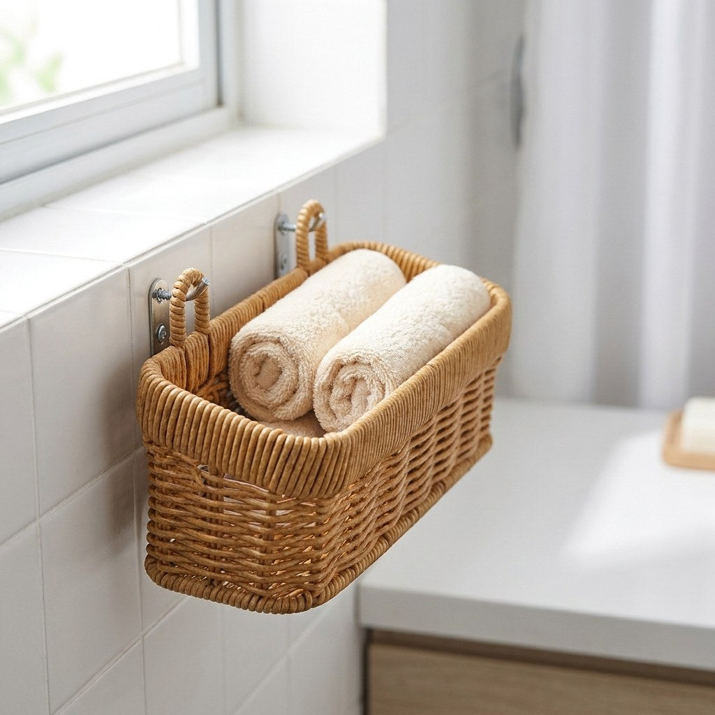 Wall-mounted woven basket holding rolled towels in a bathroom, Kiyo Home