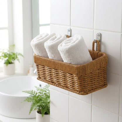 Wall-mounted woven basket with towels in a bathroom, Kiyo Home