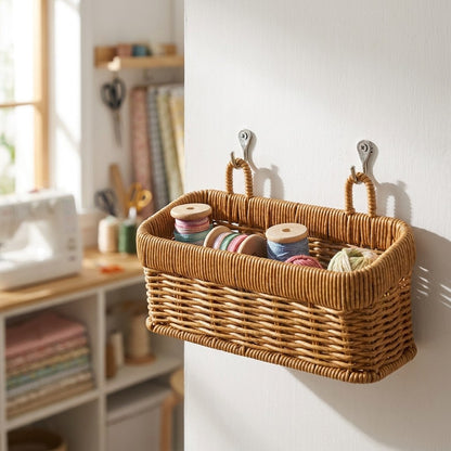 Wall-mounted woven basket holding craft supplies in a craft room, Kiyo Home