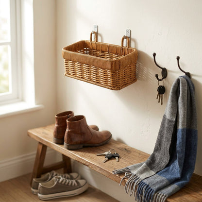 Wall-mounted woven basket above an entryway bench, Kiyo Home