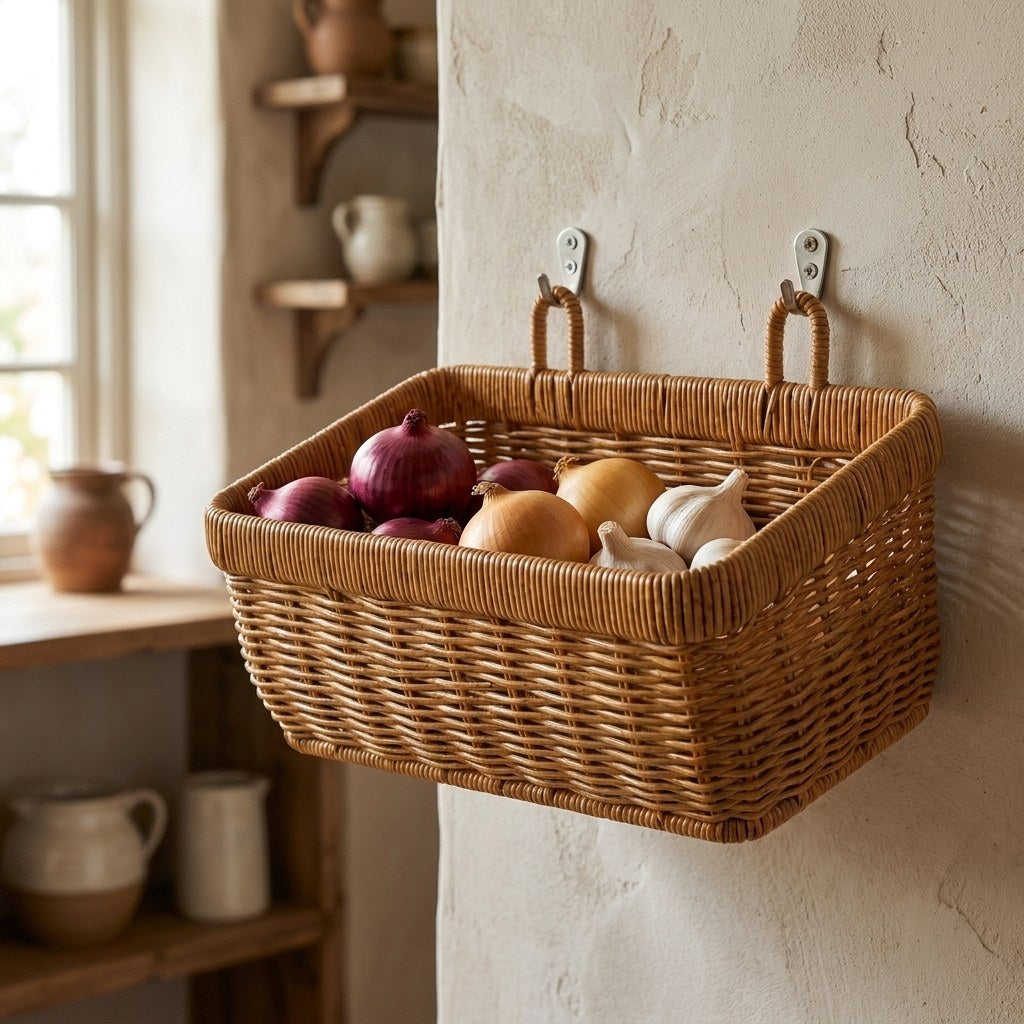 Wall-mounted woven basket holding produce in a kitchen, Kiyo Home
