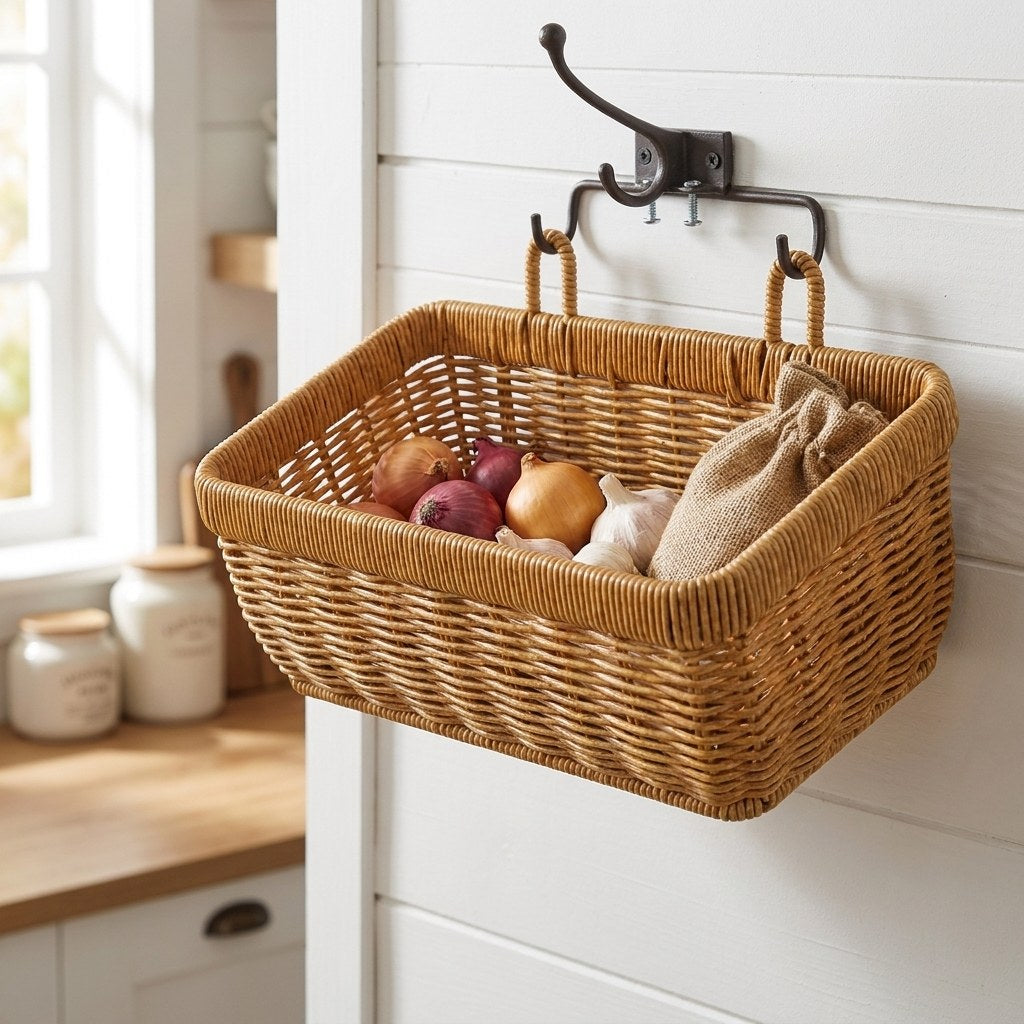 Wall-mounted woven basket on a kitchen wall, Kiyo Home