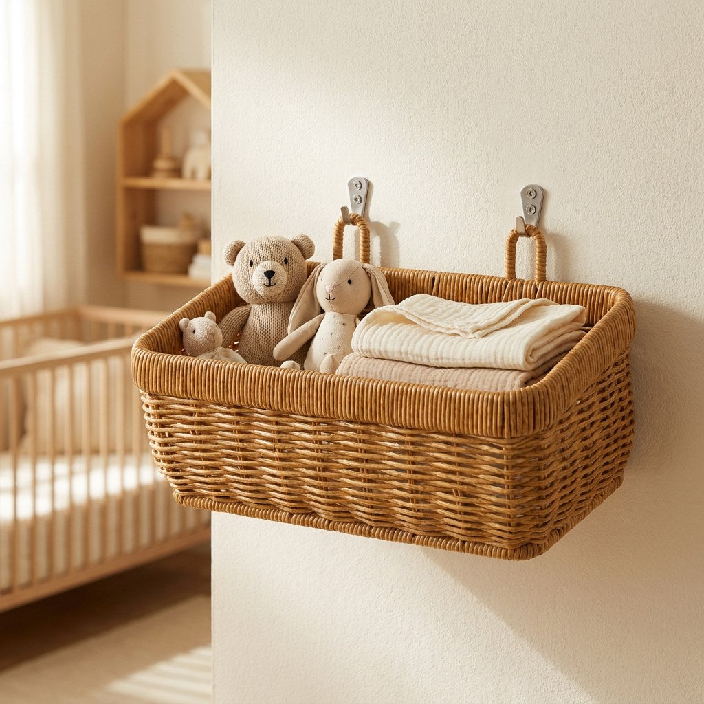 Wall-mounted woven basket with a teddy bear in a nursery, Kiyo Home