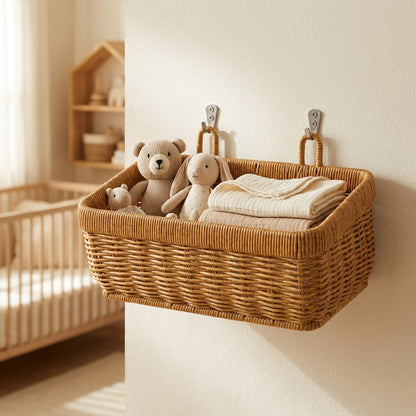 Wall-mounted woven basket with a teddy bear in a nursery, Kiyo Home