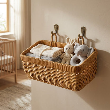 Wall-mounted woven basket holding nursery essentials, Kiyo Home