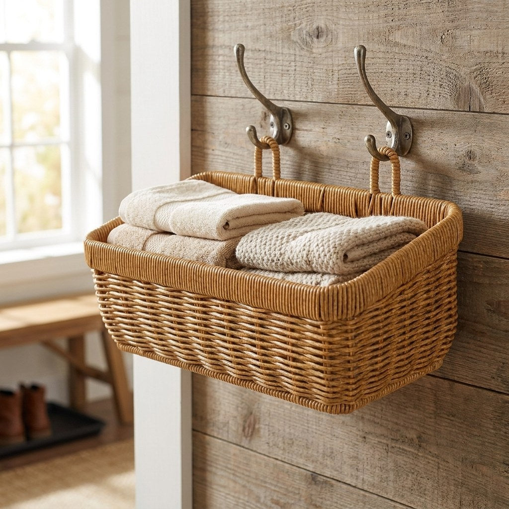 Wall-mounted woven basket with towels on a wood-panel wall, Kiyo Home