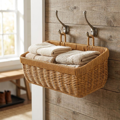 Wall-mounted woven basket with towels on a wood-panel wall, Kiyo Home
