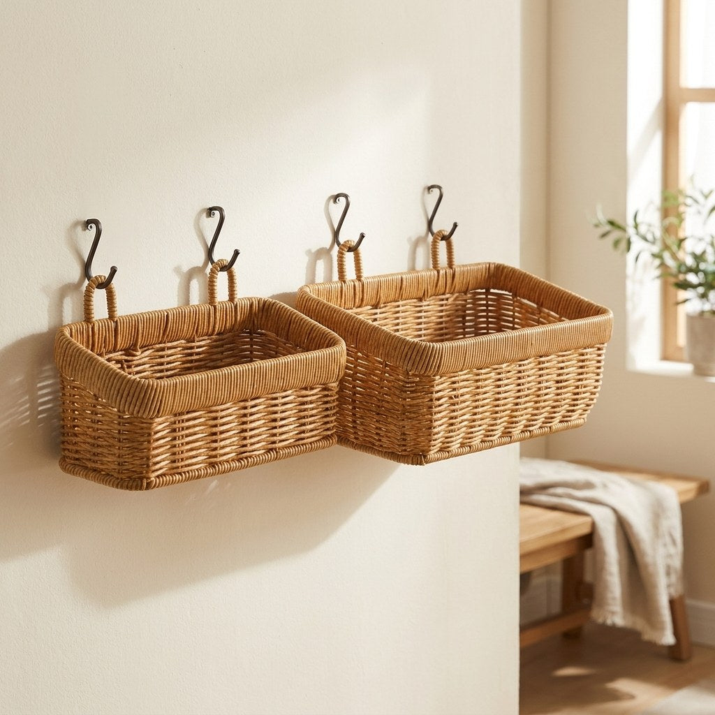 Two wall-mounted woven storage baskets on an entryway wall, Kiyo Home