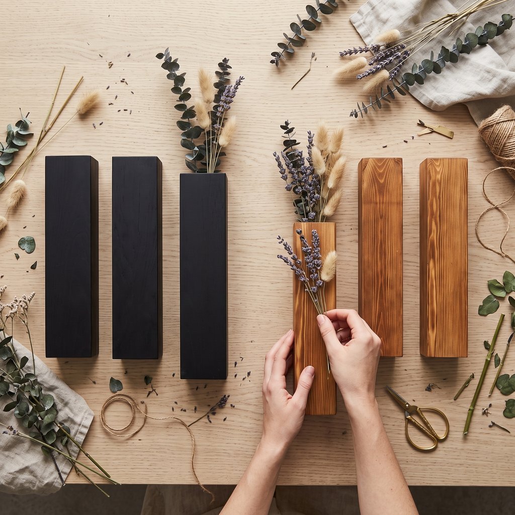 Overhead view of narrow black and brown wood wall planters on a light wood table with dried flowers, eucalyptus, twine and scissors, and hands arranging stems in one planter