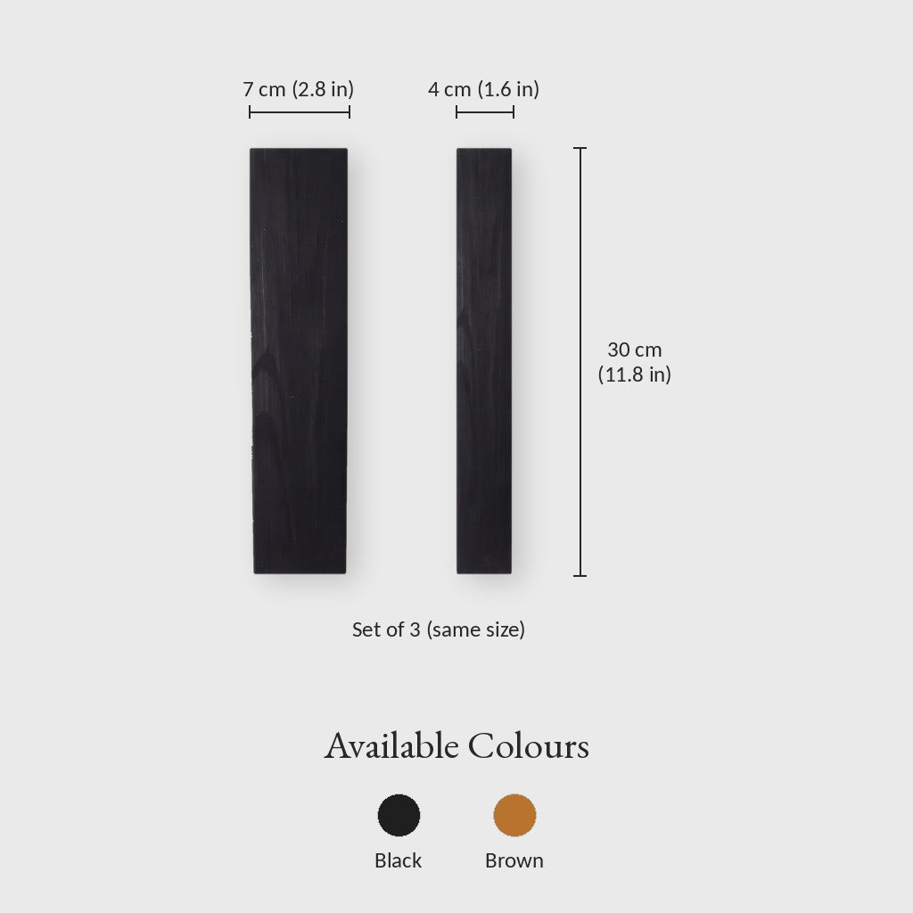 Dimensions graphic of a narrow black wall planter, width 7 cm or 2.8 in, depth 4 cm or 1.6 in, height 30 cm or 11.8 in, set of 3 in the same size, with black and brown color swatches
