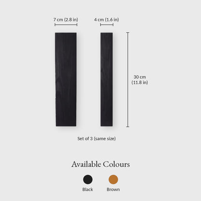 Dimensions graphic of a narrow black wall planter, width 7 cm or 2.8 in, depth 4 cm or 1.6 in, height 30 cm or 11.8 in, set of 3 in the same size, with black and brown color swatches