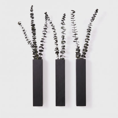 Three narrow black wall planters holding dark leafy eucalyptus stems on a plain light background