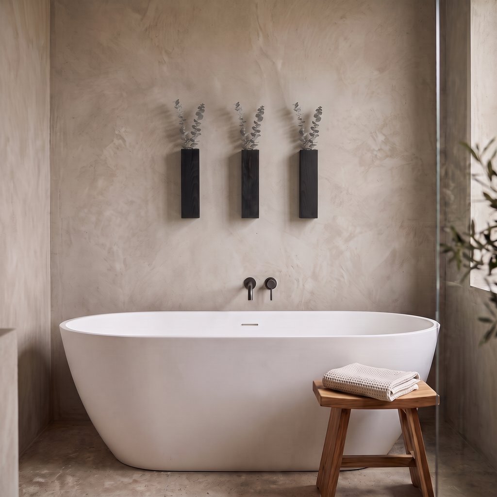 Three narrow black wall planters holding dried stems on a taupe wall above a freestanding white bathtub, with a wood stool and folded towel