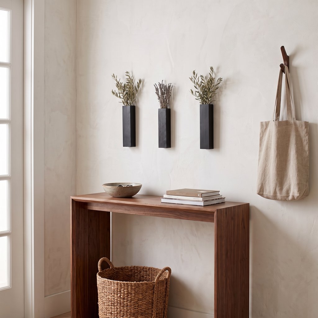 Three narrow black wall planters with dried stems on a cream wall above a wood console table with a bowl, books and a basket, with a canvas tote hanging on a hook