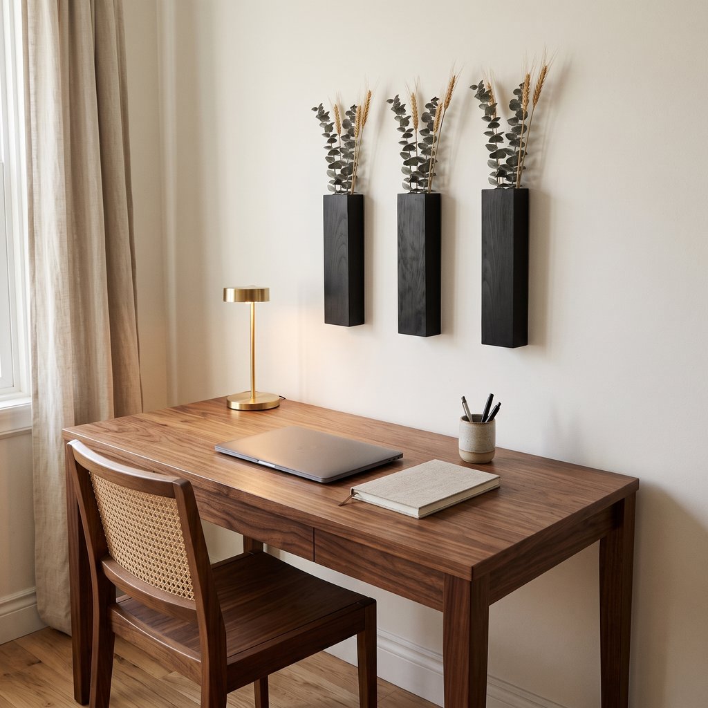 Three narrow black wall planters holding dried stems on a cream wall above a wood desk with a laptop, notebook, brass lamp and wooden chair