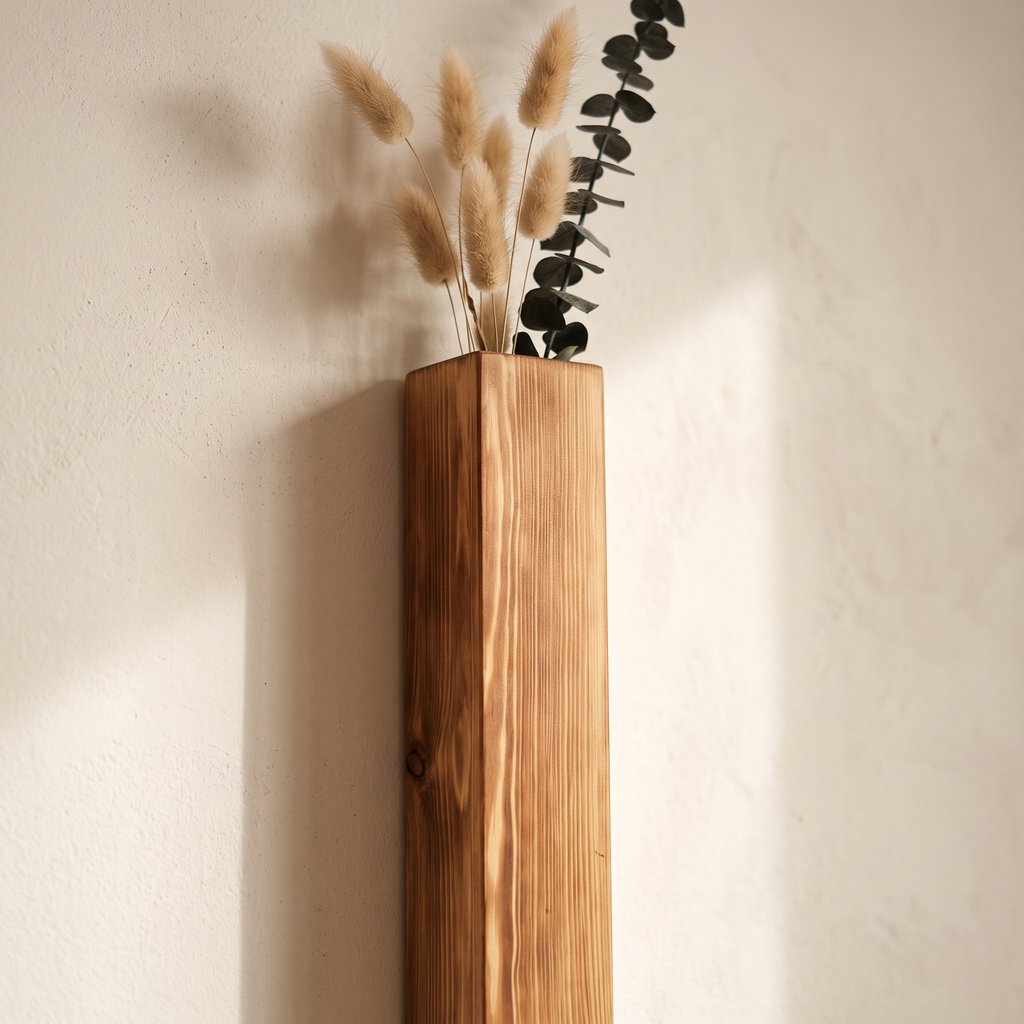 Close-up of a narrow brown wood wall planter holding pampas grass and a dark eucalyptus stem against a cream wall