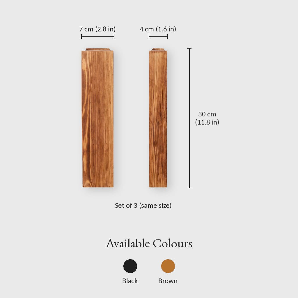 Dimensions graphic of a narrow brown wood wall planter, width 7 cm or 2.8 in, depth 4 cm or 1.6 in, height 30 cm or 11.8 in, set of 3 in the same size, with black and brown color swatches