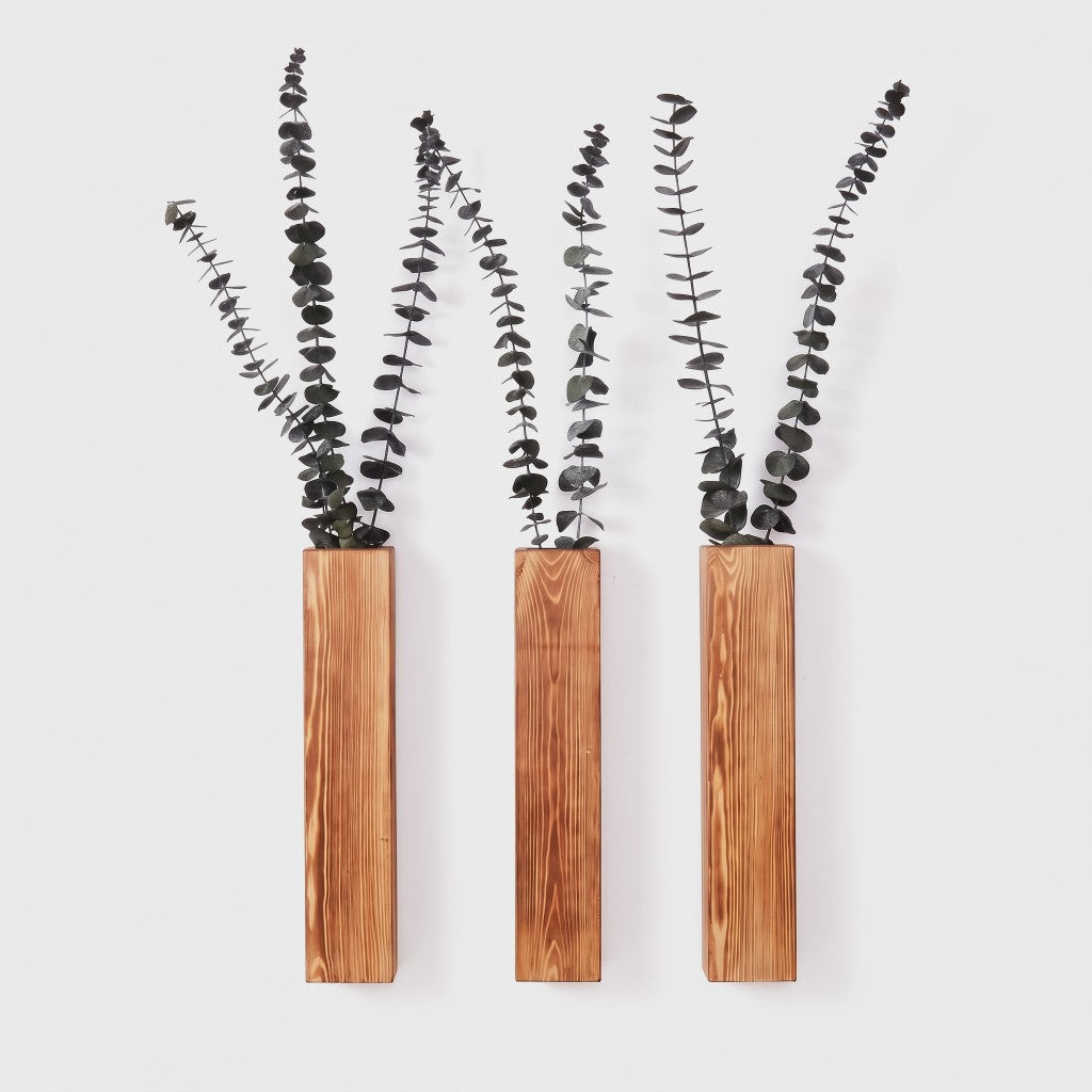 Three narrow brown wood wall planters holding dark leafy eucalyptus stems on a plain light background