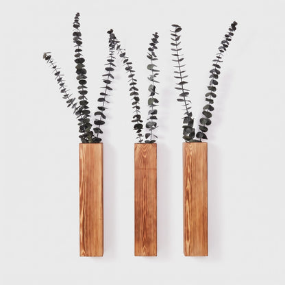 Three narrow brown wood wall planters holding dark leafy eucalyptus stems on a plain light background