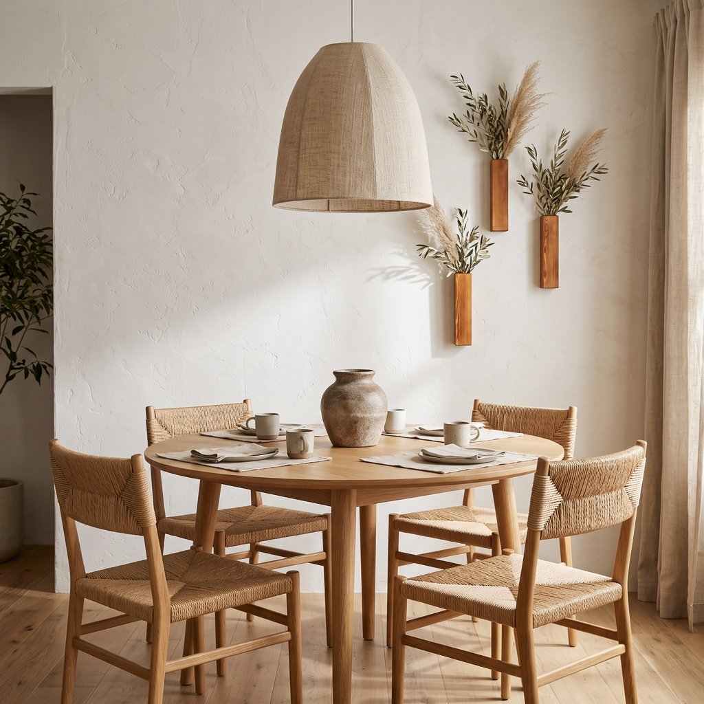 Narrow brown wood wall planters holding dried grasses on a cream wall beside a round wooden dining table with woven chairs and a rattan pendant light