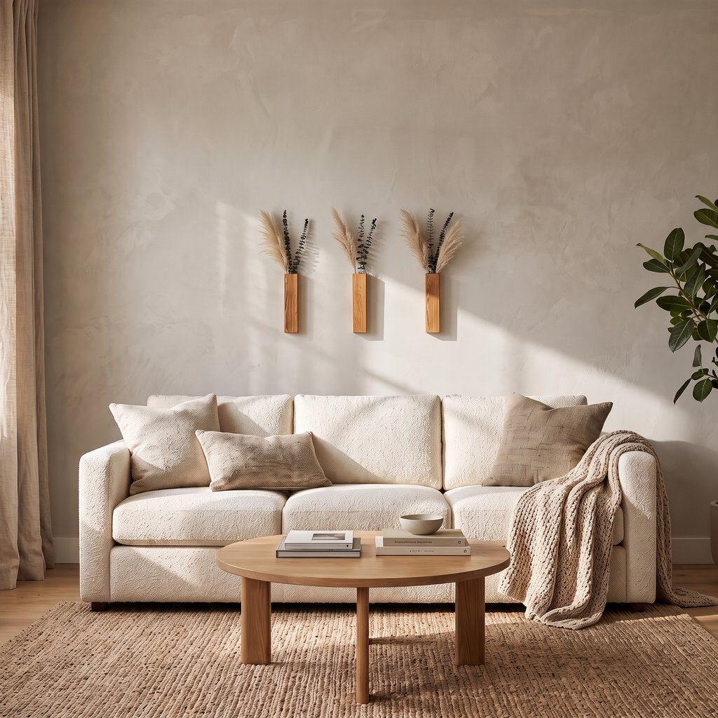 Three narrow brown wood wall planters with dried stems on a cream wall above a cream sofa with pillows, a throw and a round wood coffee table