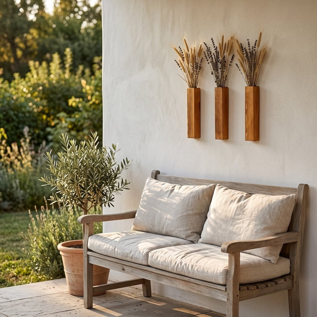 Three narrow brown wood wall planters holding dried grasses on a cream wall above a weathered wood bench with cushions on a patio, with a potted olive tree