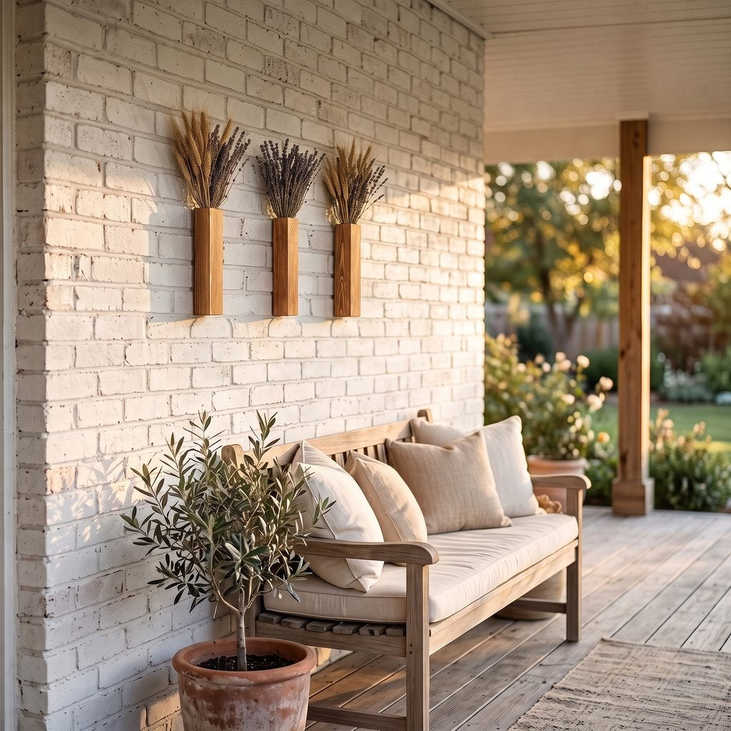 Three narrow brown wood wall planters holding dried grasses on a white brick wall above a wood bench with cushions on a covered porch, with a potted olive tree