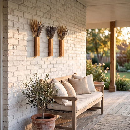 Three narrow brown wood wall planters holding dried grasses on a white brick wall above a wood bench with cushions on a covered porch, with a potted olive tree