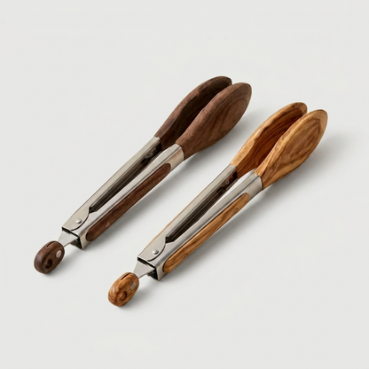 Two pairs of wooden-handled tongs on a light gray background