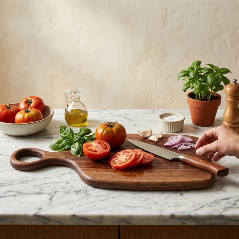 Walnut cutting board with tomatoes and herbs on kitchen counter