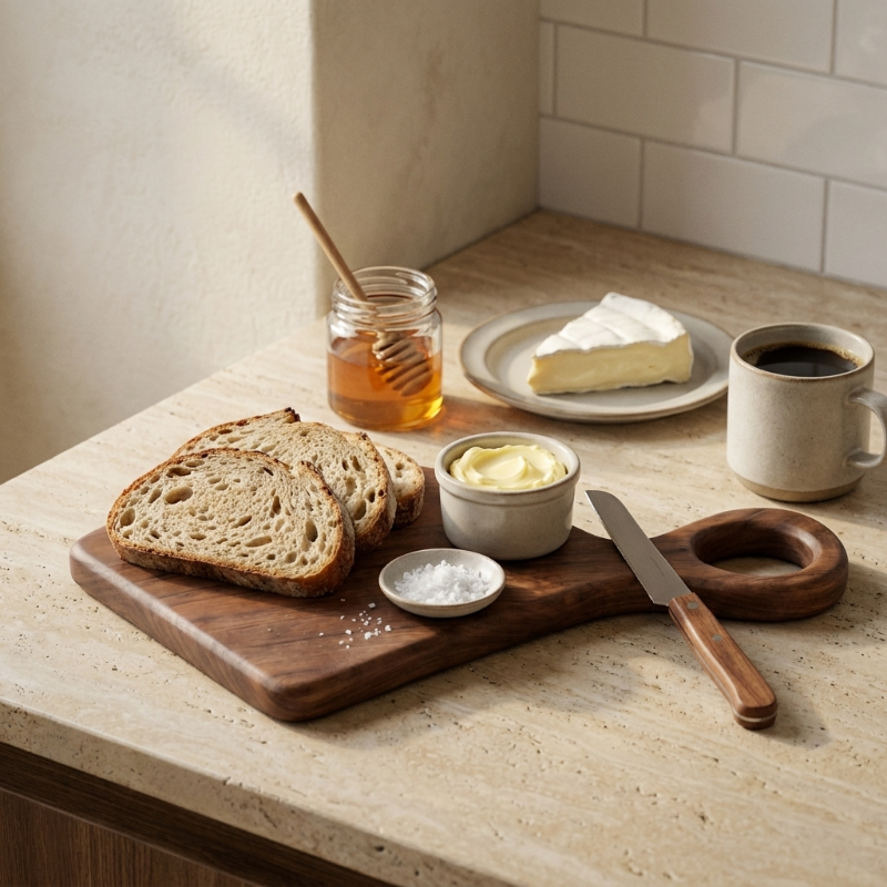 Walnut cutting board with bread and cheese on neutral table