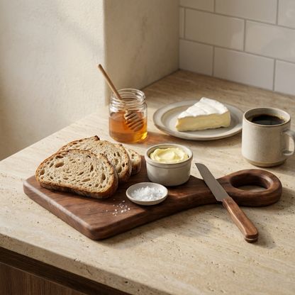 Walnut cutting board with bread and cheese on neutral table