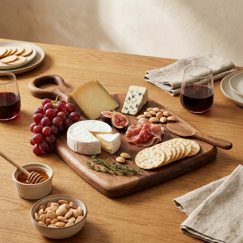 Walnut cutting board with charcuterie and crackers on table