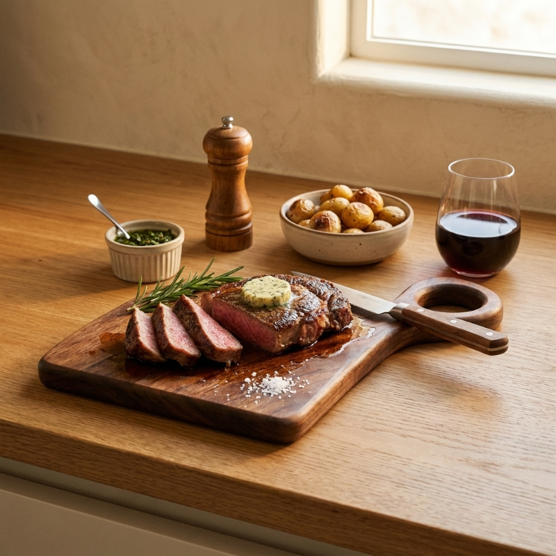 Walnut cutting boards with charcuterie on wood dining table