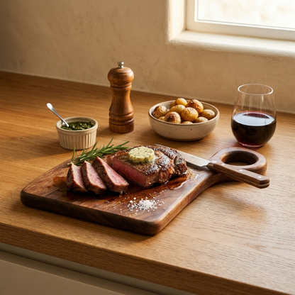 Walnut cutting boards with charcuterie on wood dining table