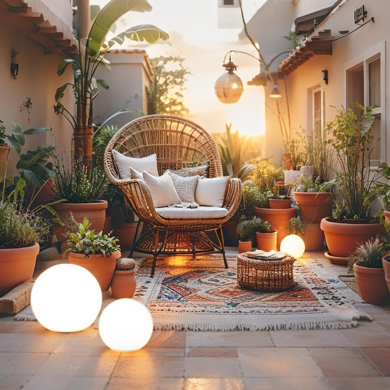 Outdoor patio with wicker chair, cushions, and potted plants during sunset.