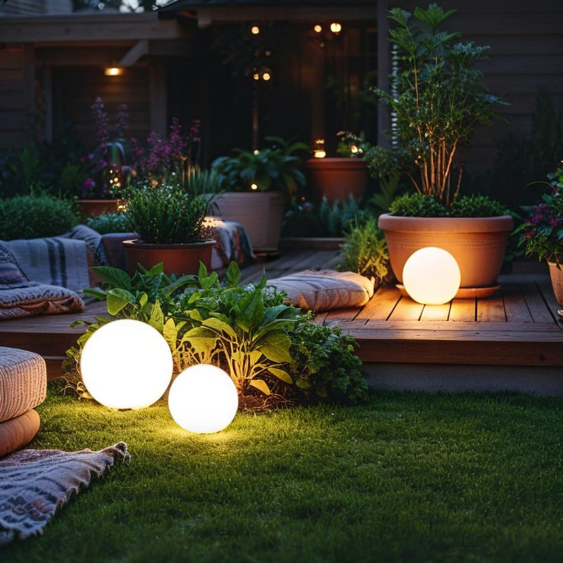 Glowing spherical lights on a garden deck with plants and a wooden bench.
