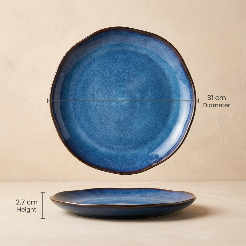 Blue ceramic plate with measurements on a beige background