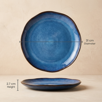 Blue ceramic plate with measurements on a beige background
