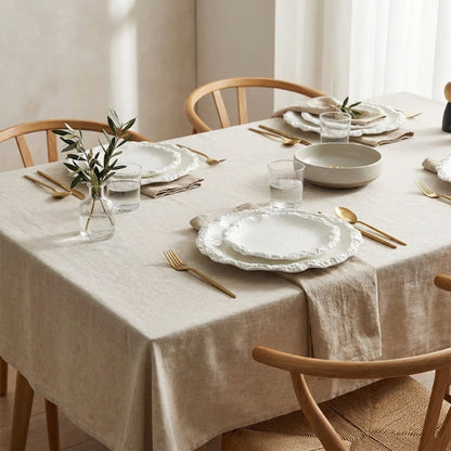 Dining table set with plates, glasses, and cutlery on a beige tablecloth.