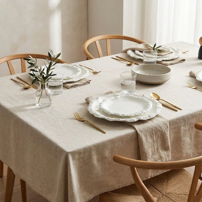 Table set with white ceramic plates with a textured rim on a beige linen tablecloth, with gold cutlery, glasses, a small bowl, a glass vase with an olive sprig and wooden chairs